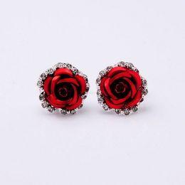 Red flower rose earrings diamond rose women ear rings clip stud fashion Jewellery will and sandy gift