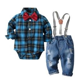 Newborn Baby Boy Denim Clothes Cotton Plaid Rompers Gentleman Bib Jeans Clothing Suit Outfit 6 - 24M LJ201023