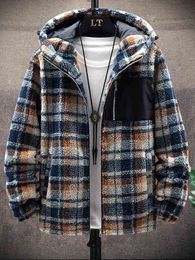 Men's Sweatshirts Men Plaid Zip Up Teddy Hooded Jacket Winter Cotton Coat Loose Jacket 220119