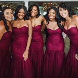 Sweetheart Mermaid Bridesmaid Dresses Burgundy Pleats Tulle Robe De Soiree Full Length Vestido De Noiva Custom Made