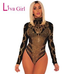 LIVA GIRL Black Sexy Mesh Rhinestone Bodysuit Women Plus Size Romper Playsuit Bodycon Jumpsuit Female Long Sleeve Body Tops XXL