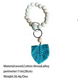 Party Wooden Bead Bracelet Keychain Pure Wood Color Car Chain Cotton Tassel Keyring with Alloy Ring Wood Beaded Decoration Pendant RRF13454