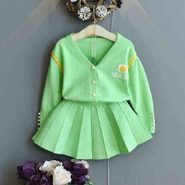 Fall Girls Outfits Letter Flower Embroidery Knit Pearl Sweater Cardigan&Pleated Skirt Princess Clothing Set Kids Outfits G220310