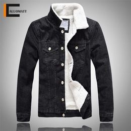 Men Winter Solid Casual Jacket New Men's Bomber Denim Jacket Fashion Jean Biker Coat Woollen Lined Leisure Coat Plus Size 201118