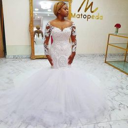 Elegant Beaded Lace Mermaid Wedding Dresses Sheer Bateau Neck Appliqued Bridal Gowns Sweep Train Tulle robe de mariée