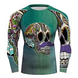 Men Full Printing Floral Skull T-shirt Long Sleeve Sportswear Rash Guards Men Workout Cycling Running MMA BJJ NO GI Tee Tops 201116