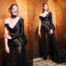 Newest Jumpsuit Prom Dresses Black Ruffles Chic Satin Evening Dress Appliqued Lace Formal Party Pageant Dress Custom Made Ruched Tulle