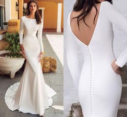 Modest Mermaid Wedding Dresses 2021 Robes De Mariée Full Sleeves Buttons Backless Bridal Gown Sweep Train Elegant Satin Vestidos Boho AL8274