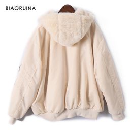 BIAORUINA Women's Reversible Fleece Patchwork Polyester Warm Thick Bomber Jacket Coat Autumn Winter Loose Hooded Short Parkas 201225