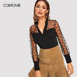 COLROVIE Black Solid Dobby Mesh Yoke Sheer V Cut Elegant Blouse Shirt Women 2019 Slim Long Sleeve Workwear Office Ladies Tops T200321