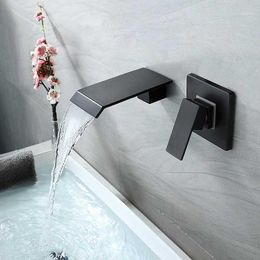 Basin Waterfall Faucet Mixer Wall Mounted Black Matte Single Handle In-Wall Bathroom Sink 2 Holes & Cold Tap Torneira