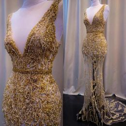 Gold Mermaid Evening Dresses Deep V Neck Lace Beaded Sequined Belt Sweep Train Prom Dress Custom Made Formal Party Gowns1920