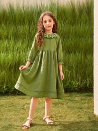 Girls Eyelet Embroidery Ruffle Trim Flounce Sleeve Smock Dress SHE