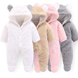 Unisex Baby Rompers Boys Girls Flannel Hooded Winter Jumpsuit Soft Cute Cartoon Coats born Infant Bodysuits 220106