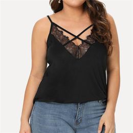 Women's Tanks & Camis Plus Size Spaghetti Strap V Neck Silk T Shirt Summer Sexy Women Backless Lace T-shirts Casual Sleeveless Clothing XL-5