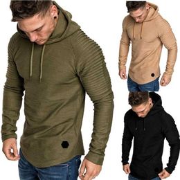 Trendy Mens Hoodies Solid Color Hooded Slim Sweatshirt Striped pleated raglan sleeves Male Streetwear Casual sweatshirt Coat 211229