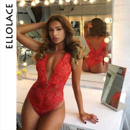 Ellolace Deep-V With Zipper Body for Women Red Lace Sexy Bodysuit Women Transparent Backless Bodycon Overslls Rompers Jumpsuit T200702