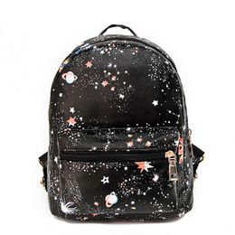 Fashion Star Universe Space Printing Women bag Leather Mochila Backpack Black School Bags For Teenage Girls Small Backpack