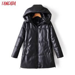 Tangada Winter Women Pu Leather Long Hood Parkas Thick Pockets Female Elegant PU Overcoat AM20 201103