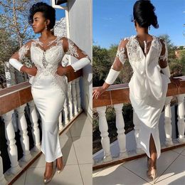 Evening 2021 Modest Dresses 3/4 Long Sleeves Ankle Length Jewel Neck Illusion Elastic Satin Lace Applique African Plus Size Prom Party Gowns