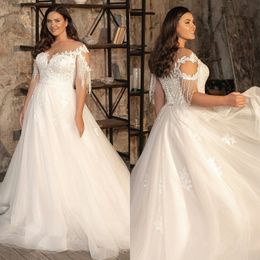 Plus Size A Line Wedding Dresses Sheer V Neck Lace Appliques Bridal Gowns robes de mariée New Fashion