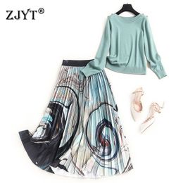 New Fashion Autumn Runway Suit Women Long Sleeve Pullover Knit Sweater and Midi Skirt 2 Piece Set Lady Outfits 201130