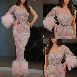 Ostrich Feather Mermaid Prom Dresses Custom Made Crystal Beading One Shoulder Long Sleeve Illusion Sequins Evening Party Gown Robe De Soiree