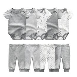 Unisex Newborn Baby Rompers Boy Clothes Short Sleeve Cotton Jumpsuits +Long Pants baby girl clothes sets roupas de bebe LJ201221