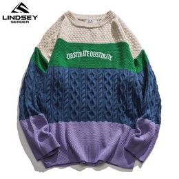 LINDSEY SEADER Hip Hop Men Sweaters Retro Patchwork Oversize Acrylic Streetwear Harajuku Autumn New Pullover Men's Sweaters 201105