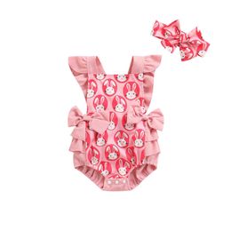 Lioraitiin 0-18M Newborn Girl Romper Outfits Fly Sleeve Cartoon Rabbit Printed Ruffles Decor Bow-Knot Decor Playsuit Headband G220223