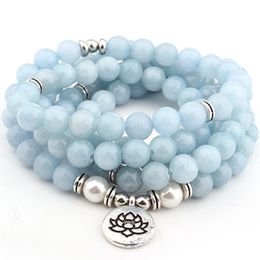 DIEZI Drop Shipping New Fashion 108 Mala Beads Sky Blue lotus Strand Bracelet Yoga Bracelet Necklace For Women Jewellery Y200730