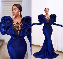 Gorgeous Royal Blue Prom Dresses 2021 African Sheer Neck Crystal Beading Long Sleeve Evening Dress Formal Winter Party robes de mariée Gowns