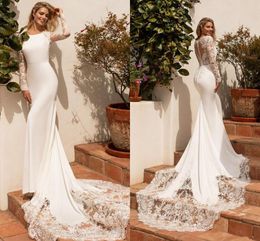 Modest Mermaid Wedding Dresses Boho Garden Satin Long Sleeves 2021 Lace Apliqued Jewel Neck Bridal Gowns Buttons Back robes de mariée AL7194
