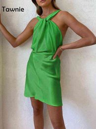 Tawnie 2022 Summer Y2K Satin Halter Bodycon Mini Dress Women Green Casual Backless Sleeveless Elegant Sexy A-Line Party Dresses Y220304