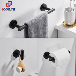 SOGNARE 3PCS Matte Black Bathroom Accessories 304SUS Robe Hook Single Towel Bar Robe Hook Paper Holder Bathroom Hardware Set LJ201211