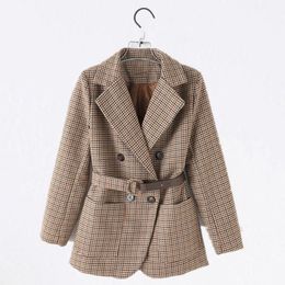 Elegant Women Houndstooth Jacket Suits Coat Double Breasted Long Sleeve Office Female Plaid Jacket Chic Belt Coat