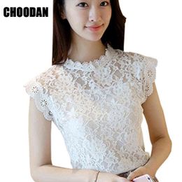 Lace Blouse Shirt Women Summer Style Blouses New Korean Sleeveless Solid Hollow Out Pink Blue White Black Lace Top Female H1230