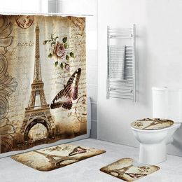 4 Pcs Bathroom Set with Shower Curtain Bath Mat Set Toilet Cover Vintage Paris Tower with Butterfly Flower Print Shower Curtains T200711