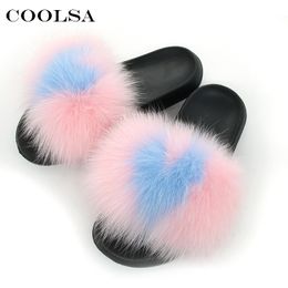 Coolsa Hot Summer Women Slippers Real Fox Fur Slides Designer Flat Fluffy Plush Shoes Female Room Slipper Cute Furry Pantufa Y200423