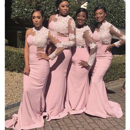 Pink Lace Bridesmaid Dresses One Long Sleeves Mermaid Sweep Train Maid of Honour Wedding Party Dresses With Appliqued