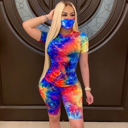 Tie Dye Print Short Two Piece Set Women Summer Clothes Top and Biker Shorts Sets Sportswear Casual 2 Piece Sets Womens Outfits 201104