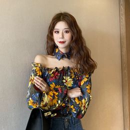 Women's Blouses & Shirts Spring and Summer tops fashion floral blouse layered ruffled floral pattern puff sleeve off-shoulder bow tie semi-transparent chiffon shirt