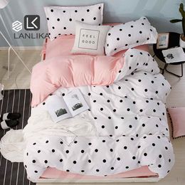Lanlika Dot Art White Pink Bed Cover Set Decor Home Bedding Set Textile Bedroom Adult Girl Duvet Cover Flat Sheet Bed Linen Set Y200417