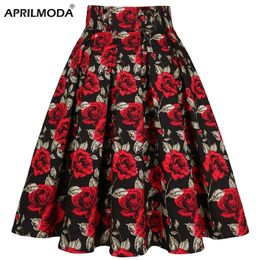 High Waist Floral Rockabilly Pleated Skirts Womens Summer Red Rose Flower Boho Vintage Skirt Midi Plus Size 3XL Clothing 220221