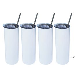 NEWLocal Warehouse Sublimation Straight Tumbler with Rubber bottoms Metal Straw Brushes 20oz Water Bottle Insulation Coffee Mug SEAWAY RRF12