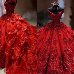 2022 Luxury Sexy Dark Red Bling Quinceanera Ball Gown Dresses Off Shoulder Sequined Lace Appliques Ruffles Crystal Open Back Long Sweet 16 Party Prom Evening Gowns