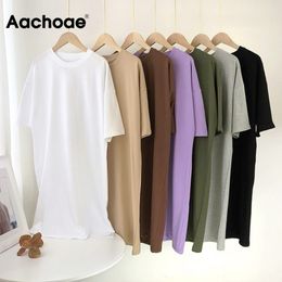 Aachoae Women Casual Loose Solid Cotton T Shirt Dress O Neck Oversize Mini Dress Batwing Short Sleeve Basic Dresses Vestidos H1210