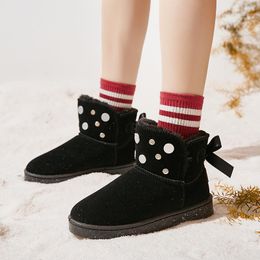 Hot Sale-Fashion Bowknot Ladies Fur Plush Winter Boots Wool Fur Outdoor Warm Snow Boots For Women Shoes Suede Ankle Botas Mujer