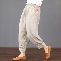 Cotton Linen High Waist Women's Harem Pants Elastic Waist Solid Ankle-length Joggers Trousers Women Summer Vintage Clothes 201228