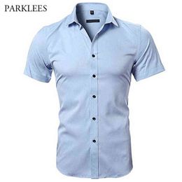 Blue Bamboo Fiber Shirt Men 2018 Summer Short Sleeve Mens Dress Shirts Casual Slim Fit Easy Care Solid Non Iron Chemise Homme G0105